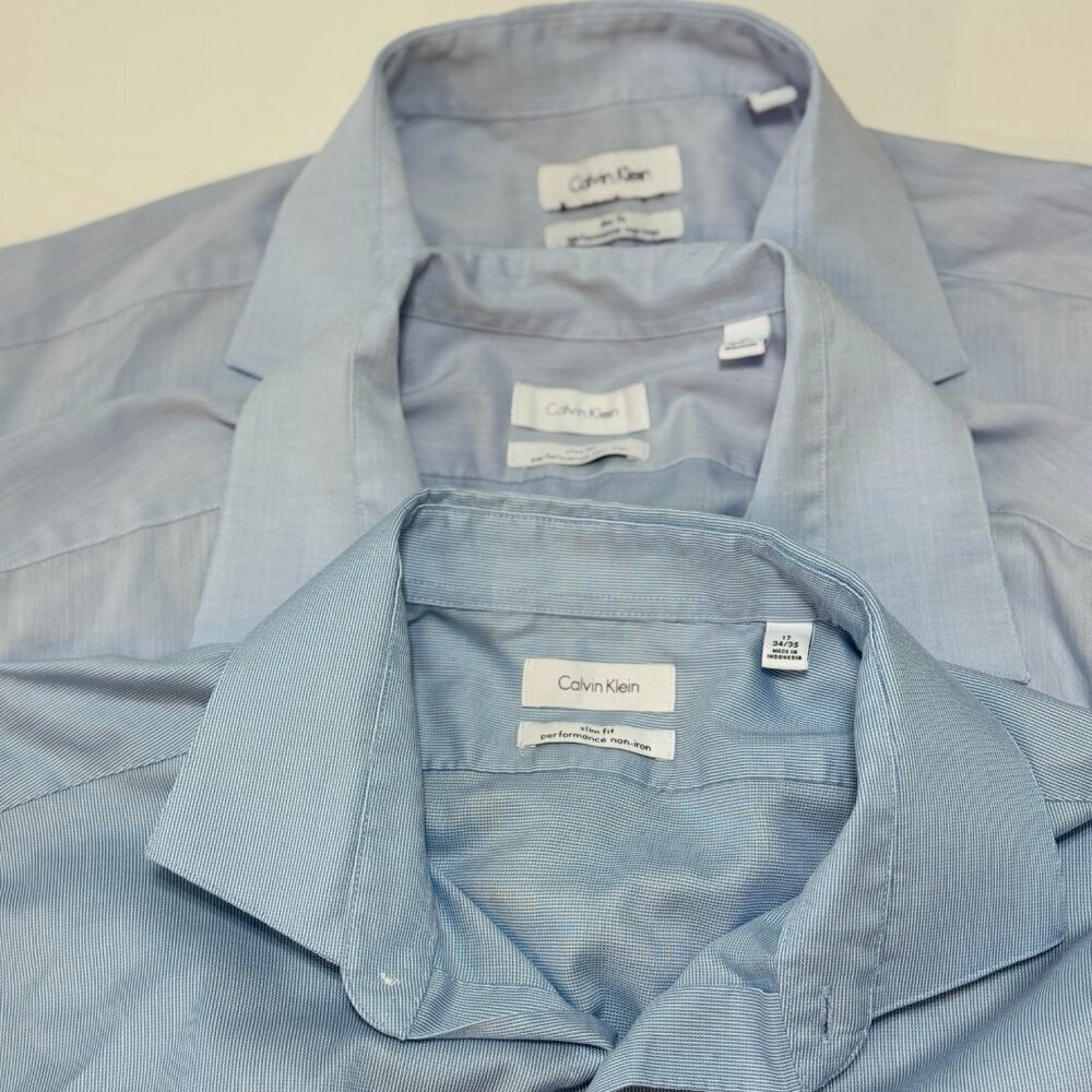 Calvin Klein Shirts(3) Men's Size 17 34/35 Blue Performance Non Iron Slim Fit